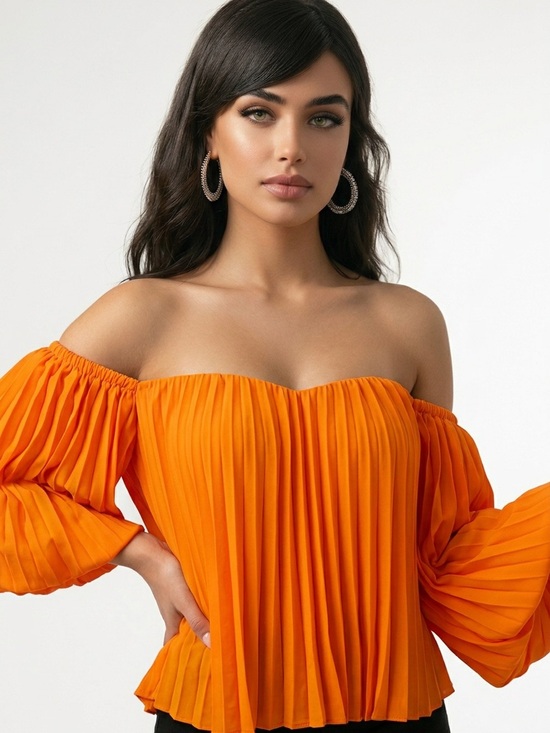 Express Tops - EXPRESS | NEW Off-the-Shoulder Pleated Orange Blouse Women’s Size Medium